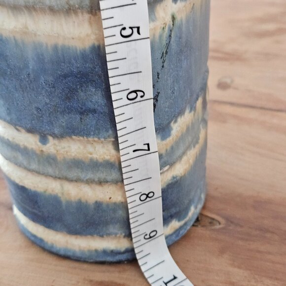 Drip glaze, blue, tan & grey layered Handcrafted studio art pottery vase - Picture 9 of 11